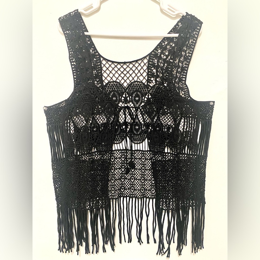 Crocheted black fringe vest-